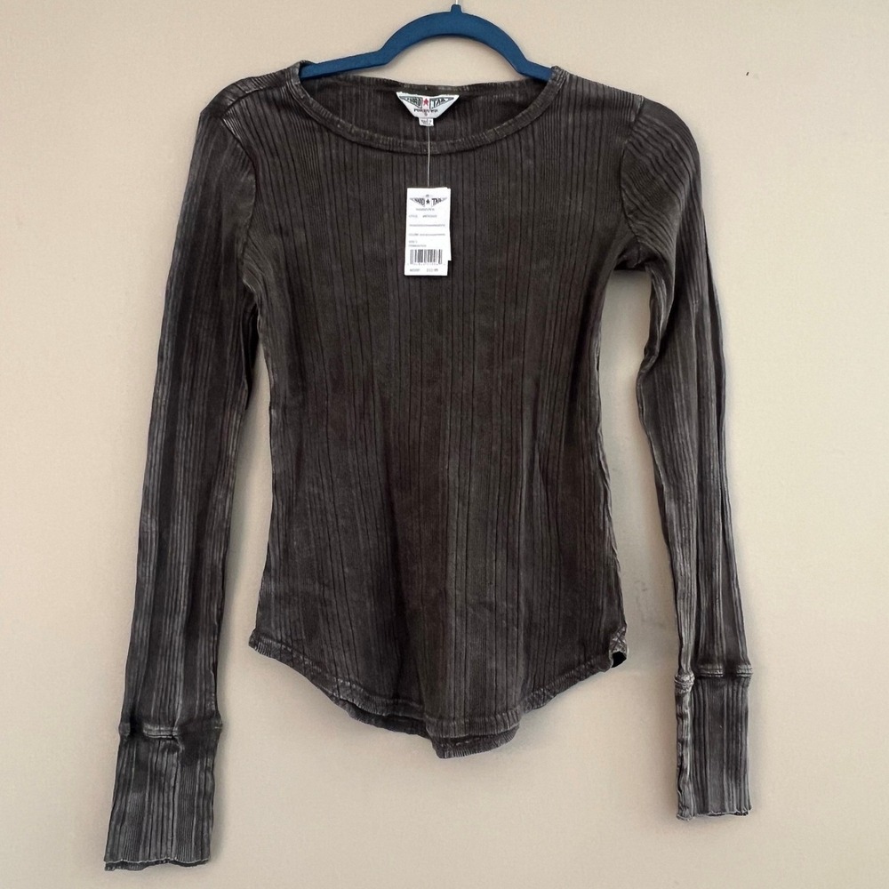 Hard Tail Forever Acid Wash Variegated‎ Ribbed Long Sleeve Tee Coca Mocha S NEW